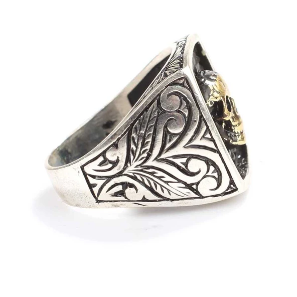 925 Ayar Gümüş Kurukafa Kolları İşlemeli Erkek Yüzük - Resim 3