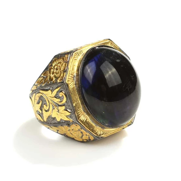 925 Ayar Gümüş Oval Sentetik Safir Taşlı Erkek Yüzüğü - Resim 3