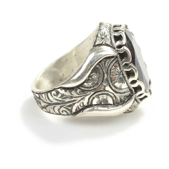 925 Ayar Gümüş Oval Kök Safir Taşlı Elişi Kalemli Erkek Yüzük - Resim 4