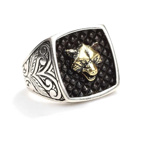 925 Ayar Gümüş Bozkurt Kafası Kolları İşlemeli Erkek Yüzük - Resim 2
