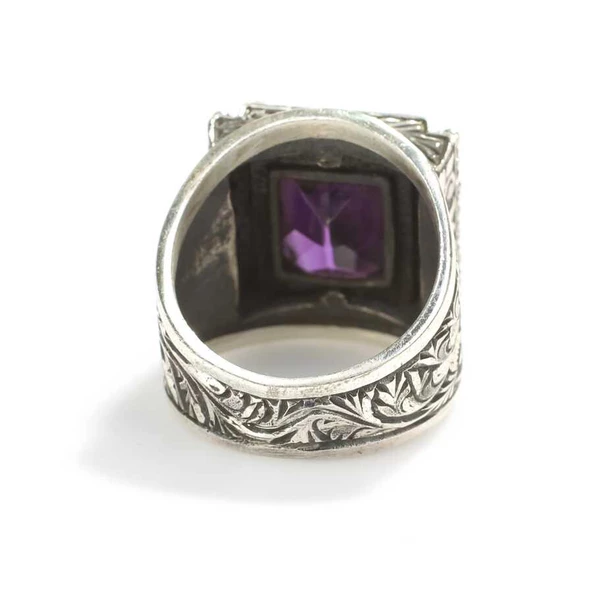 925 Ayar Gümüş Dikdörtgen Ametist Taşlı İşlemeli Erkek Yüzük - Resim 6