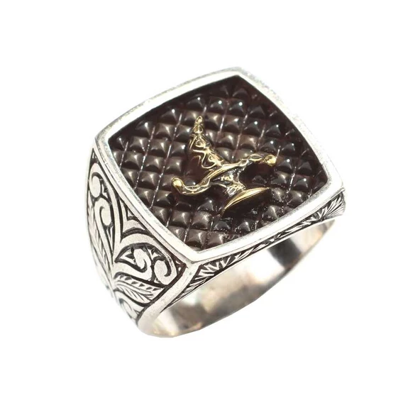 925 Ayar Gümüş Hançer Motifli Kolları İşlemeli Erkek Yüzük ürün görseli