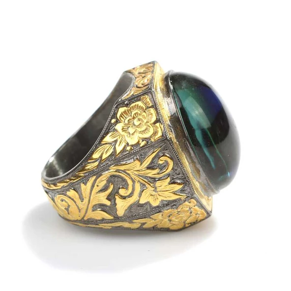 925 Ayar Gümüş Oval Sentetik Safir Taşlı Erkek Yüzüğü - Resim 4