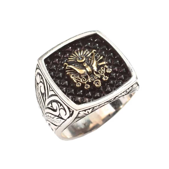 925 Ayar Gümüş Devlet Arması Kolları İşlemeli Erkek Yüzük - Resim 2