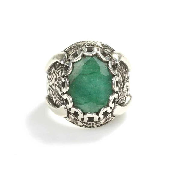 925 Ayar Gümüş Oval Zümrüt Taşlı Erkek Yüzüğü - Resim 5