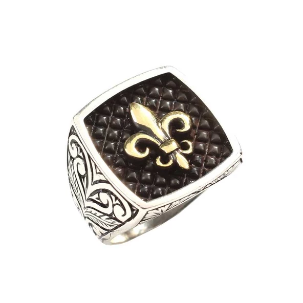 925 Ayar Gümüş Osmanlı Motifli Kolları İşlemeli Erkek Yüzük - Resim 2