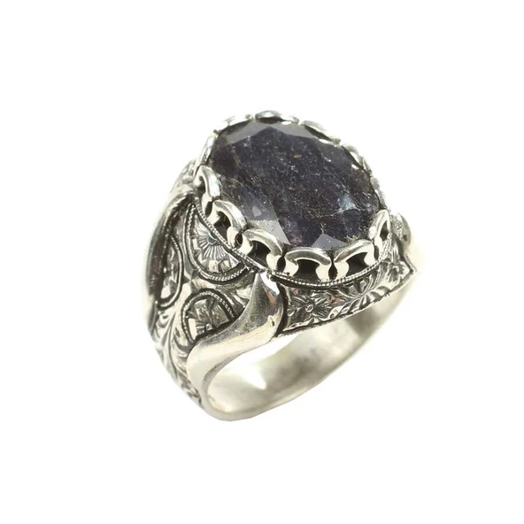 925 Ayar Gümüş Oval Kök Safir Taşlı Elişi Kalemli Erkek Yüzük - Resim 2