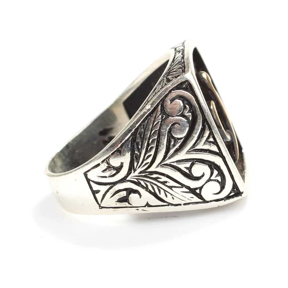 925 Ayar Gümüş Elif & Vav Modeli Kolları İşlemeli Erkek Yüzük - Resim 3