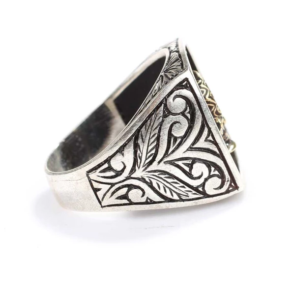 925 Ayar Gümüş Hançer Motifli Kolları İşlemeli Erkek Yüzük - Resim 3