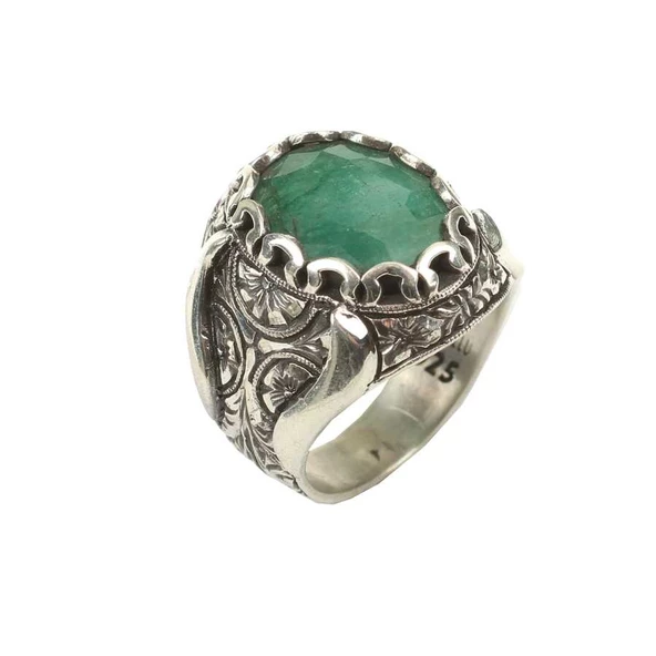 925 Ayar Gümüş Oval Zümrüt Taşlı Erkek Yüzüğü - Resim 2