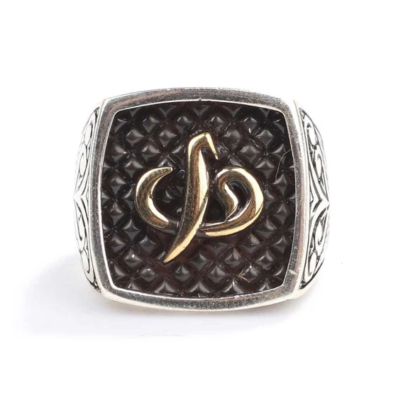 925 Ayar Gümüş Elif & Vav Modeli Kolları İşlemeli Erkek Yüzük - Resim 4