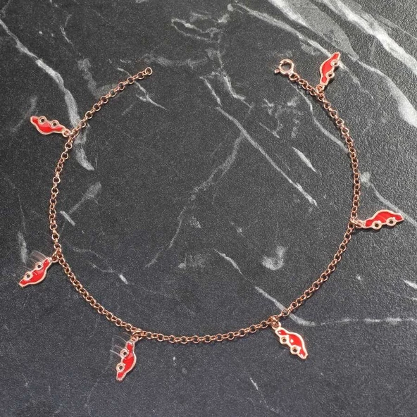 925 Ayar Gümüş 6 Adet Kırmızı Mineli Araba Motifli Halhal - Resim 3