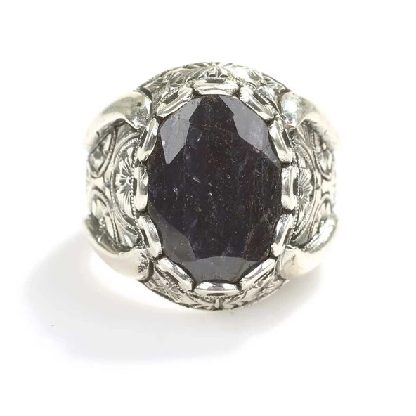 925 Ayar Gümüş Oval Kök Safir Taşlı Elişi Kalemli Erkek Yüzük - Resim 5