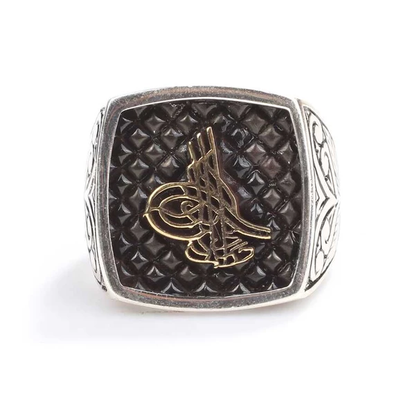 925 Ayar Gümüş Osmanlı Tuğrası Kolları İşlemeli Erkek Yüzük - Resim 4