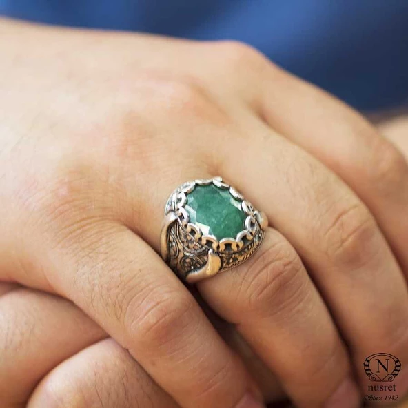 925 Ayar Gümüş Oval Zümrüt Taşlı Erkek Yüzüğü ürün görseli