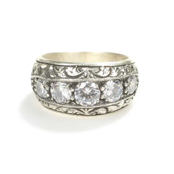 925 Ayar Gümüş 4 lü Zirkon Taşlı Elişi Kalemli Erkek Yüzük - Resim 5