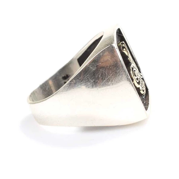 925 Ayar Gümüş Kabartmalı Osmanlı Tuğrası Erkek Yüzük - Resim 3