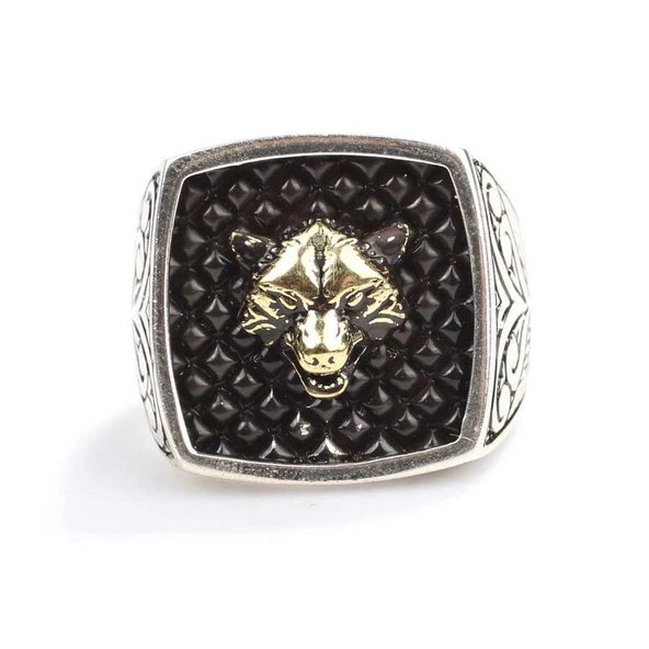 925 Ayar Gümüş Bozkurt Kafası Kolları İşlemeli Erkek Yüzük - Resim 4