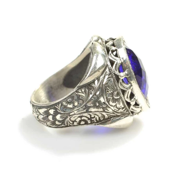 925 Ayar Gümüş Oval Sentetik Safir Taşlı İşlemeli Kollu Erkek Yüzük - Resim 5