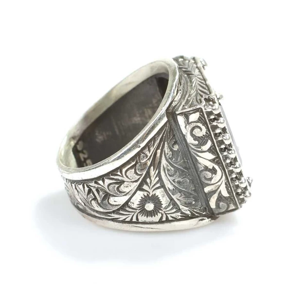 925 Ayar Gümüş Dikdörtgen Ametist Taşlı İşlemeli Erkek Yüzük - Resim 4