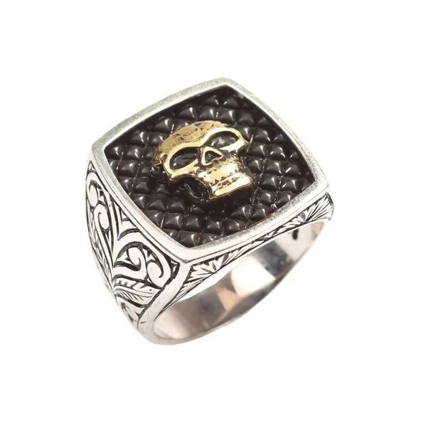 925 Ayar Gümüş Kurukafa Kolları İşlemeli Erkek Yüzük ürün görseli 1