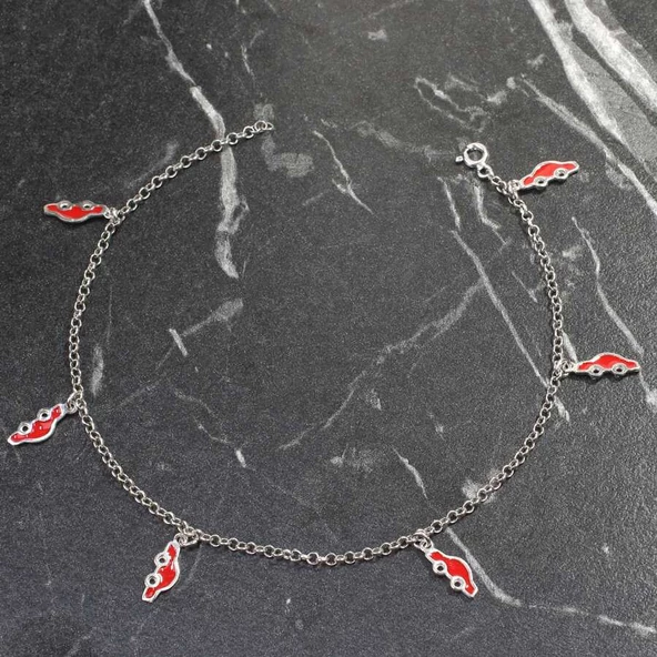 925 Ayar Gümüş 6 Adet Kırmızı Mineli Araba Motifli Halhal - Resim 4