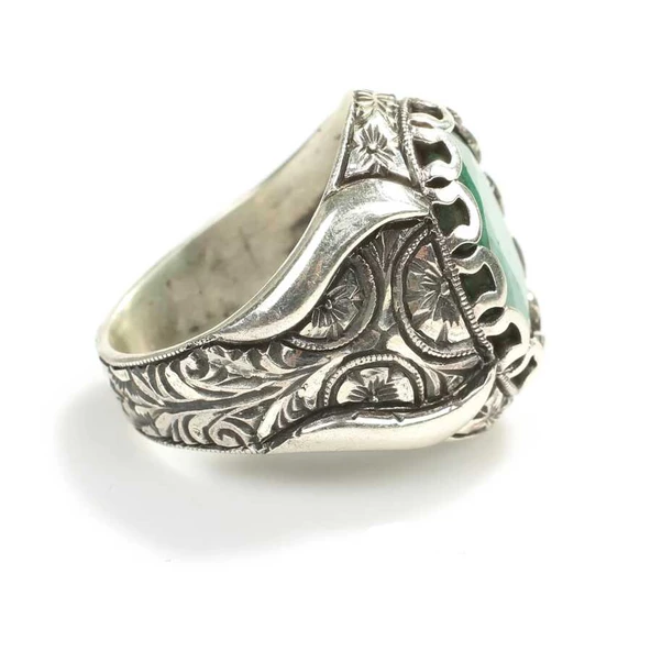 925 Ayar Gümüş Oval Zümrüt Taşlı Erkek Yüzüğü - Resim 4