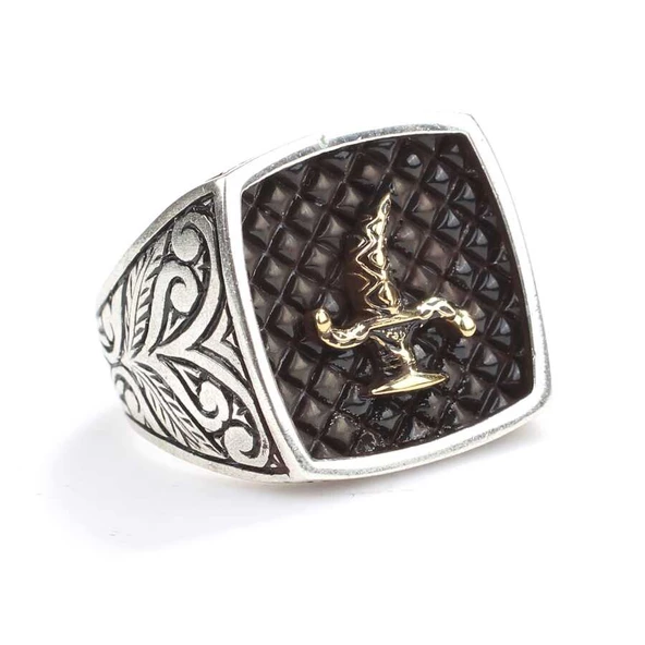 925 Ayar Gümüş Hançer Motifli Kolları İşlemeli Erkek Yüzük - Resim 2