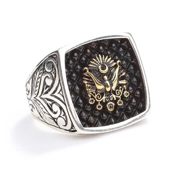 925 Ayar Gümüş Devlet Arması Kolları İşlemeli Erkek Yüzük ürün görseli 1