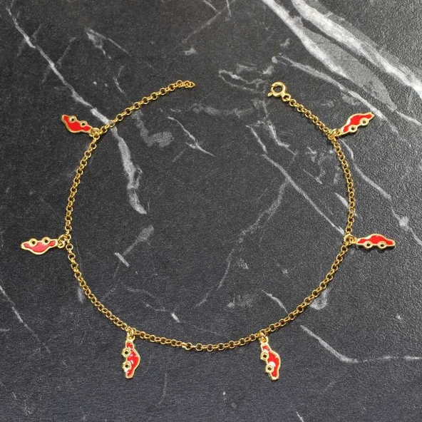 925 Ayar Gümüş 6 Adet Kırmızı Mineli Araba Motifli Halhal - Resim 6