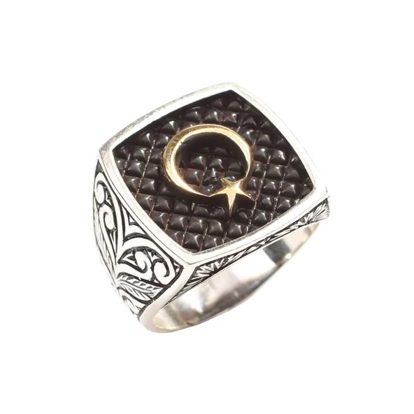 925 Ayar Gümüş Ay Yıldız Kolları İşlemeli Erkek Yüzük ürün görseli 1