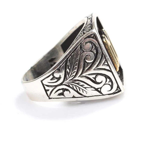 925 Ayar Gümüş Kayı Boyu Kolları İşlemeli Erkek Yüzük - Resim 3