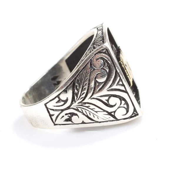 925 Ayar Gümüş Göktürkçe Türk Yazılı Kolları İşlemeli Erkek Yüzük - Resim 3