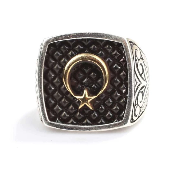 925 Ayar Gümüş Ay Yıldız Kolları İşlemeli Erkek Yüzük - Resim 4