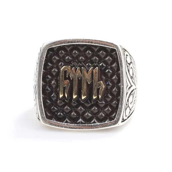 925 Ayar Gümüş Göktürkçe Türk Yazılı Kolları İşlemeli Erkek Yüzük - Resim 4