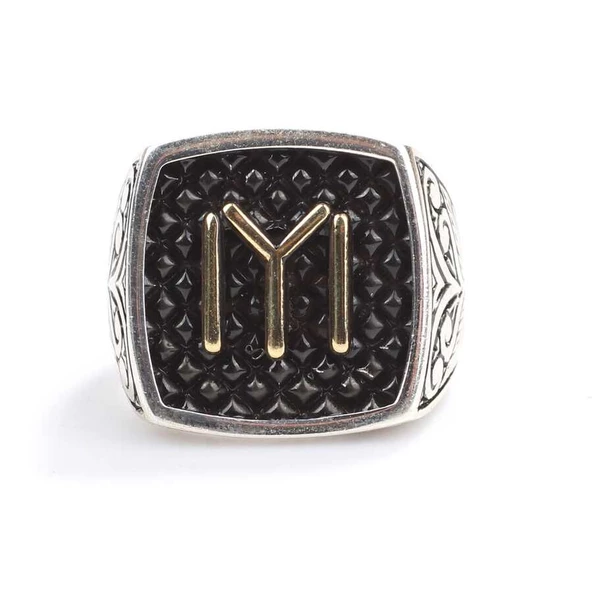 925 Ayar Gümüş Kayı Boyu Kolları İşlemeli Erkek Yüzük - Resim 4