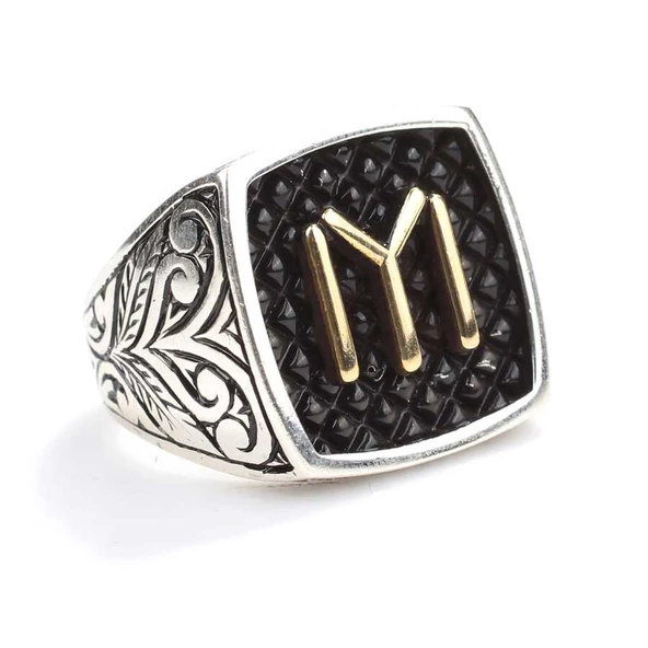 925 Ayar Gümüş Kayı Boyu Kolları İşlemeli Erkek Yüzük - Resim 2