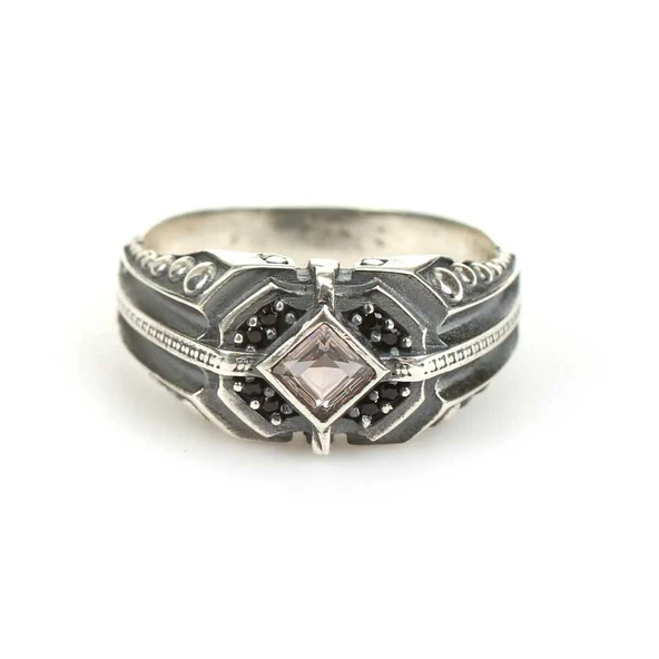 925 Ayar Gümüş Sultanit Kare Taşlı Motifli Erkek Yüzük - Resim 5