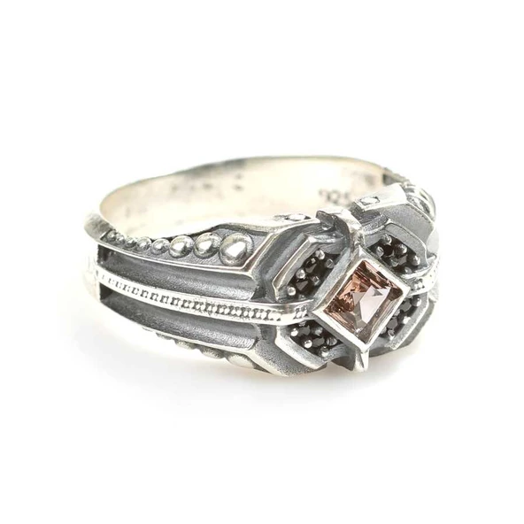 925 Ayar Gümüş Sultanit Kare Taşlı Motifli Erkek Yüzük - Resim 3