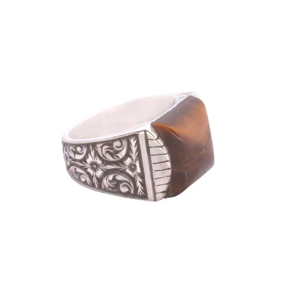 925 Ayar Gümüş Kare Kaplangözü Taşlı Kalemli Erkek Yüzük - Resim 3