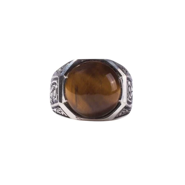 925 Ayar Gümüş Sekizgen Kaplangözü Taşlı Kalemkar Model Erkek Yüzük - Resim 3