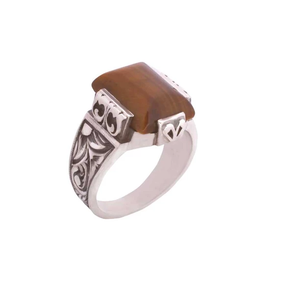 925 Ayar Gümüş Dikdörtgen Kaplangözü Taşlı Kalemli Erkek Yüzük ürün görseli 1