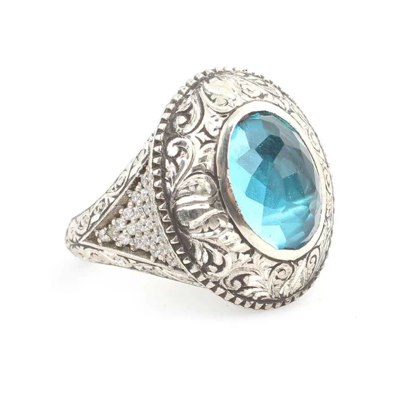 Gümüş Oval Akuamarin Taşlı Kalemli Erkek Yüzüğü ürün görseli 1