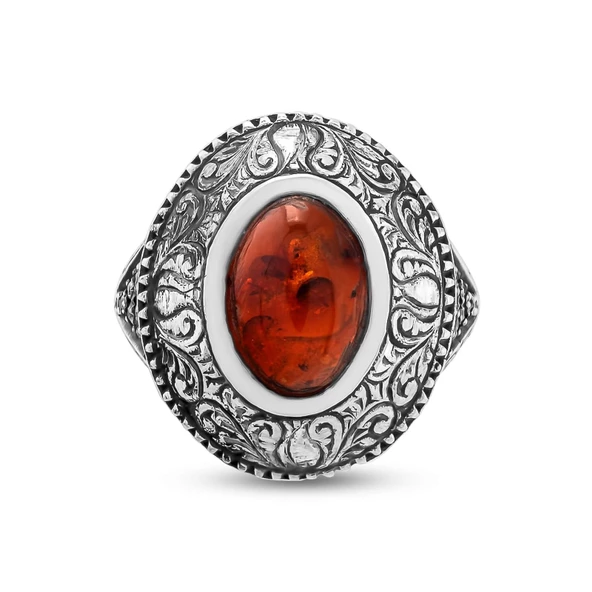 Gümüş Oval Gerçek Kehribar Taşlı Kalemli Erkek Yüzüğü - Resim 4