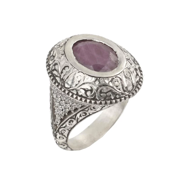 Gümüş Oval Gerçek Yakut Taşlı Kalemli Erkek Yüzüğü - 6