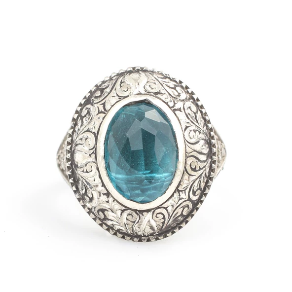 Gümüş Oval Akuamarin Taşlı Kalemli Erkek Yüzüğü - Resim 4