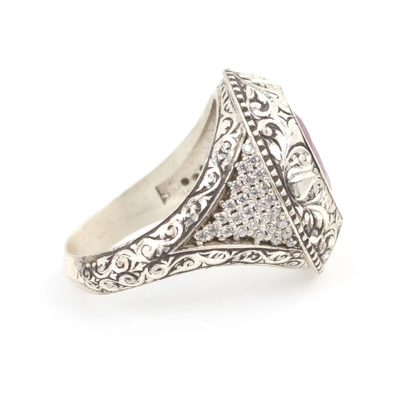 Gümüş Oval Gerçek Yakut Taşlı Kalemli Erkek Yüzüğü - 4