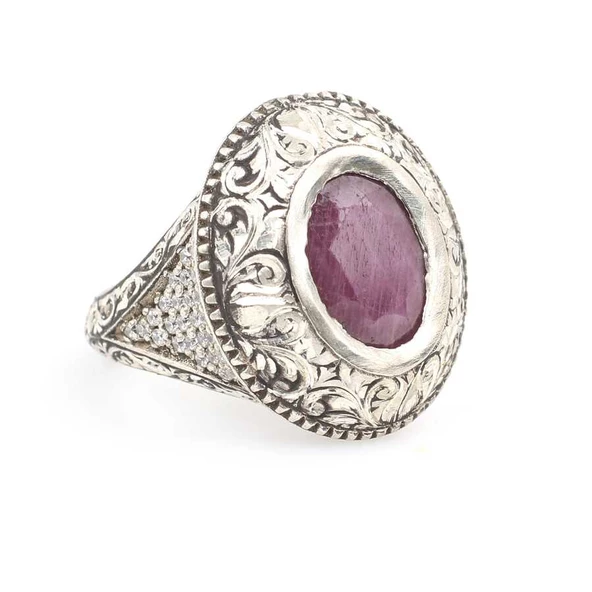 Gümüş Oval Gerçek Yakut Taşlı Kalemli Erkek Yüzüğü