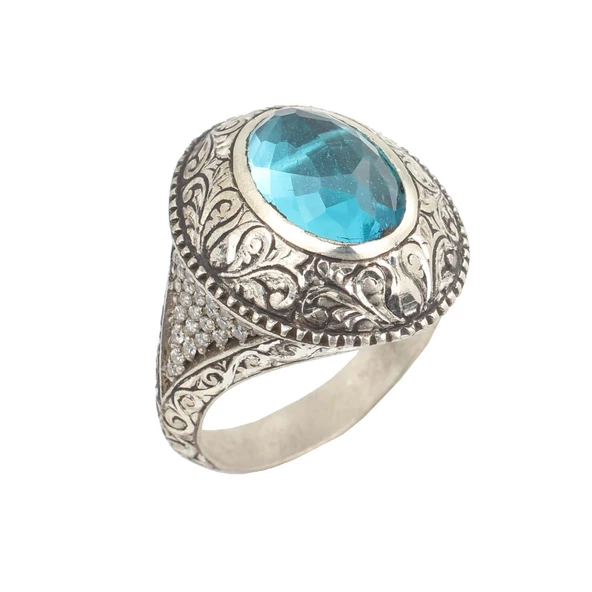 Gümüş Oval Akuamarin Taşlı Kalemli Erkek Yüzüğü - Resim 6