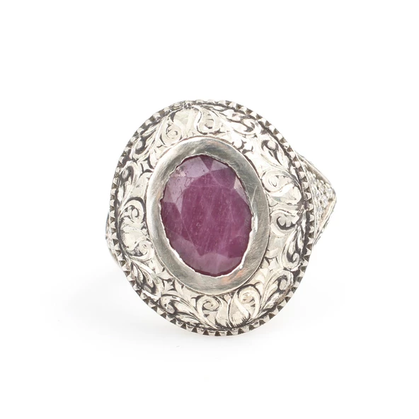 Gümüş Oval Gerçek Yakut Taşlı Kalemli Erkek Yüzüğü - 5